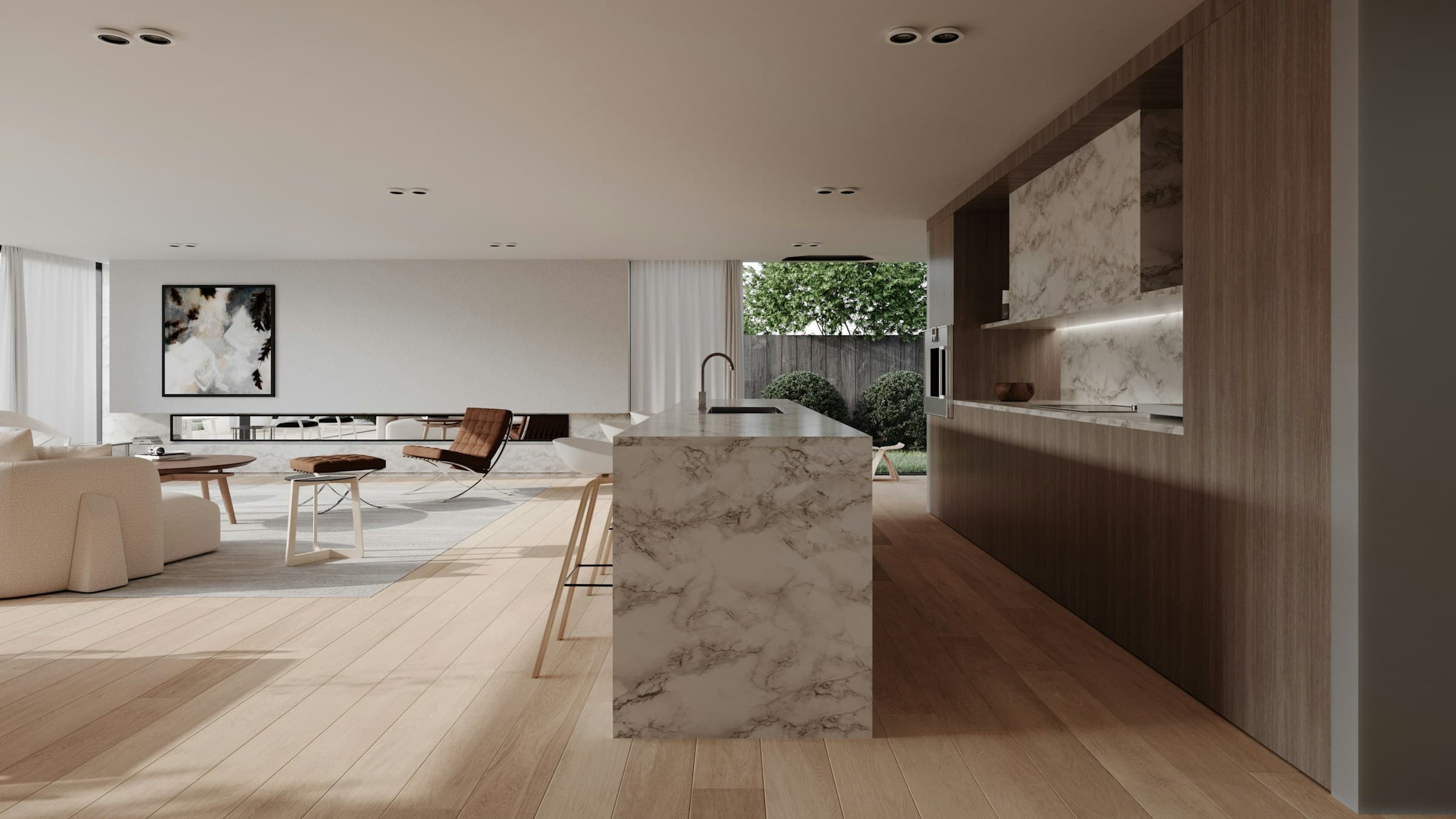 Sala e cozinha open-plan contemporâneas com luz natural